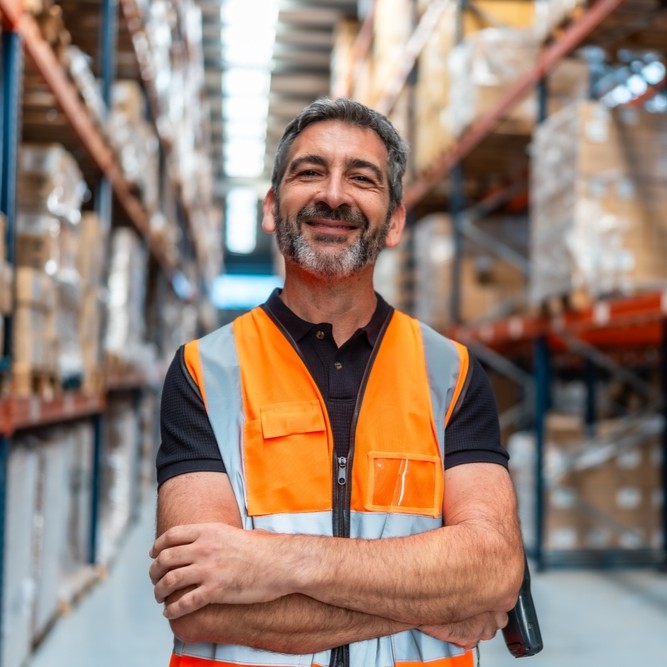 A smiling, confident man in an orange safety vest, standing in a warehouse.