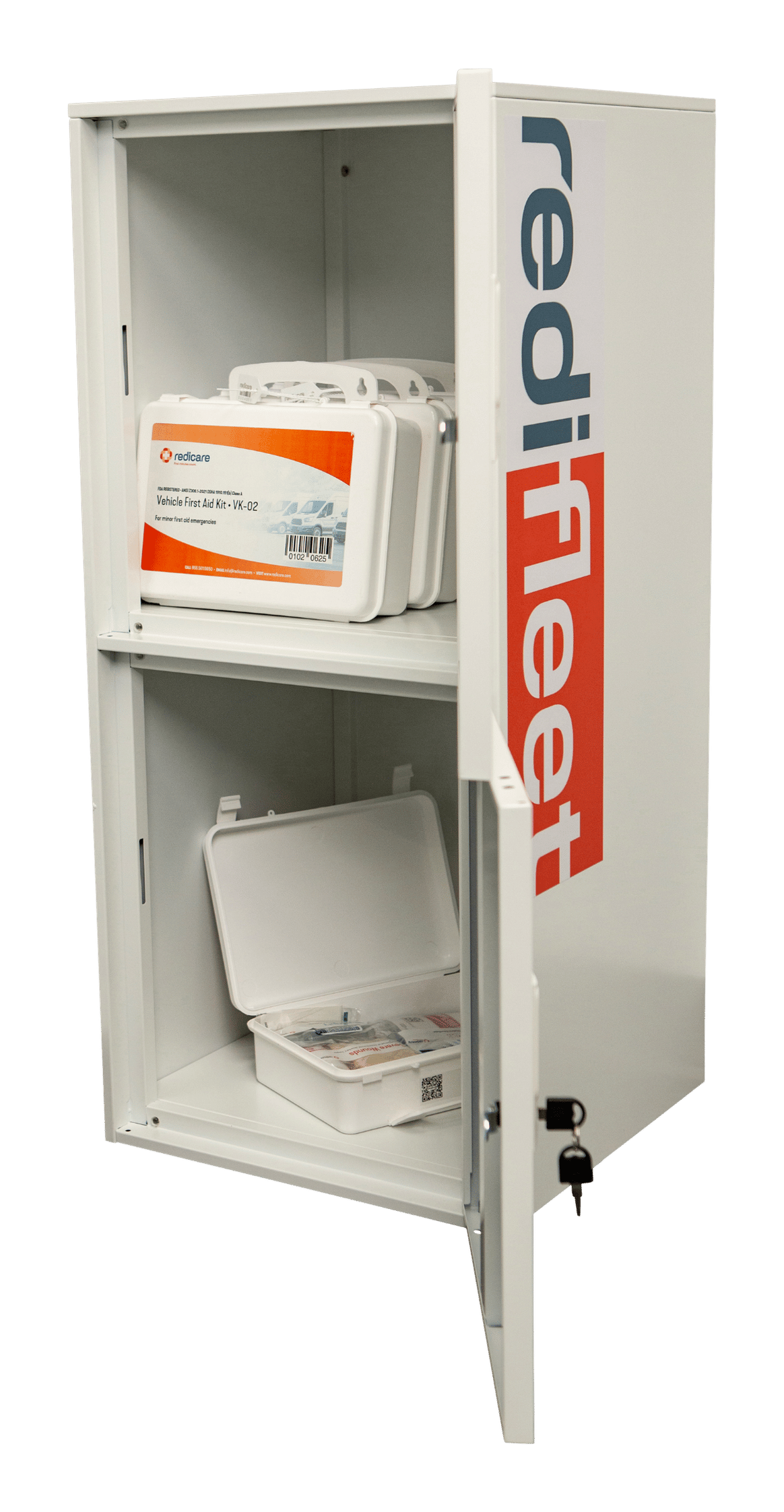 A RediFLEET Home Base cabinet with vehicle first aid kits
