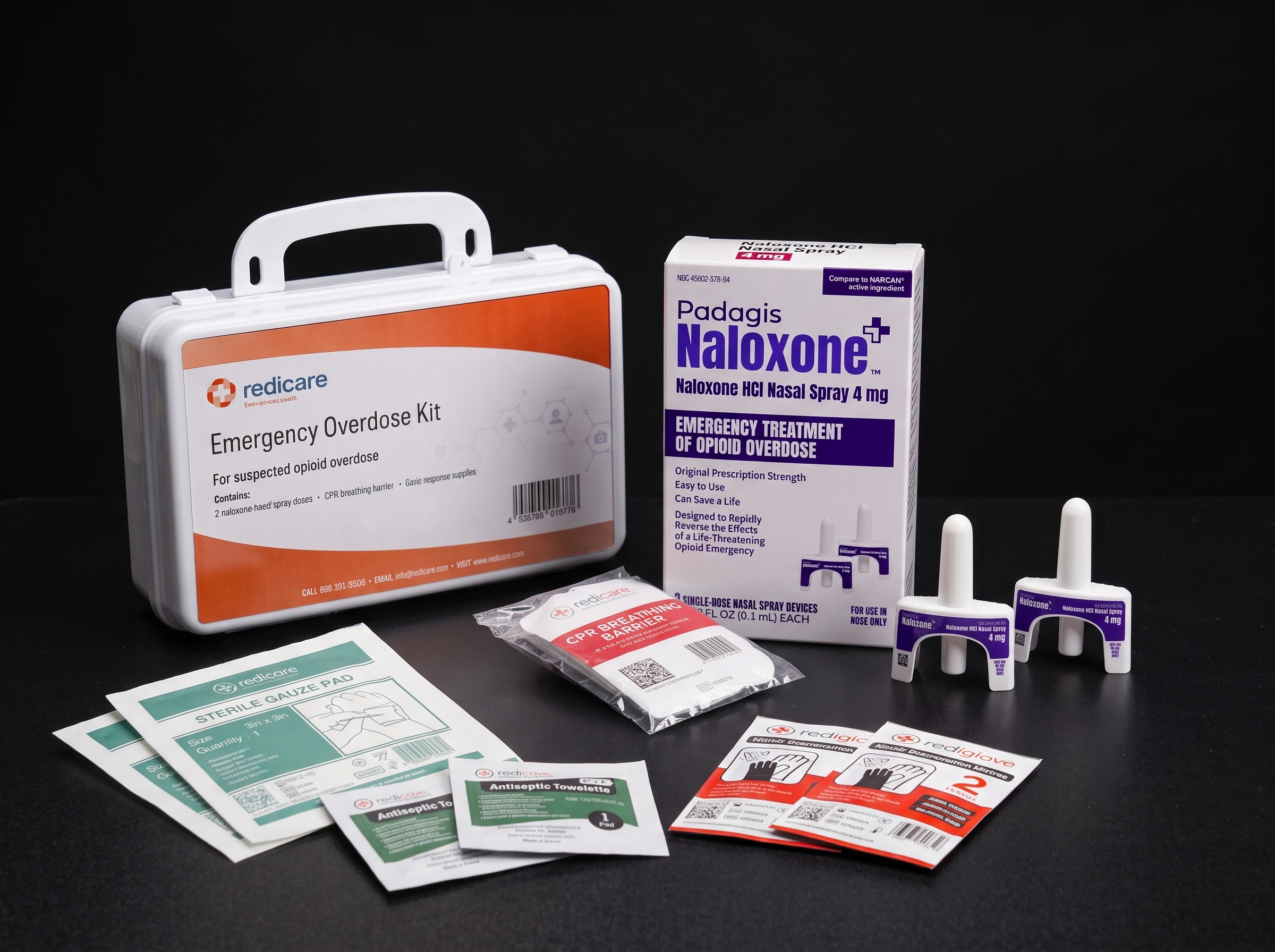 The Redicare Overdose Kit and its contents, including two doses of nasal spray naloxone.