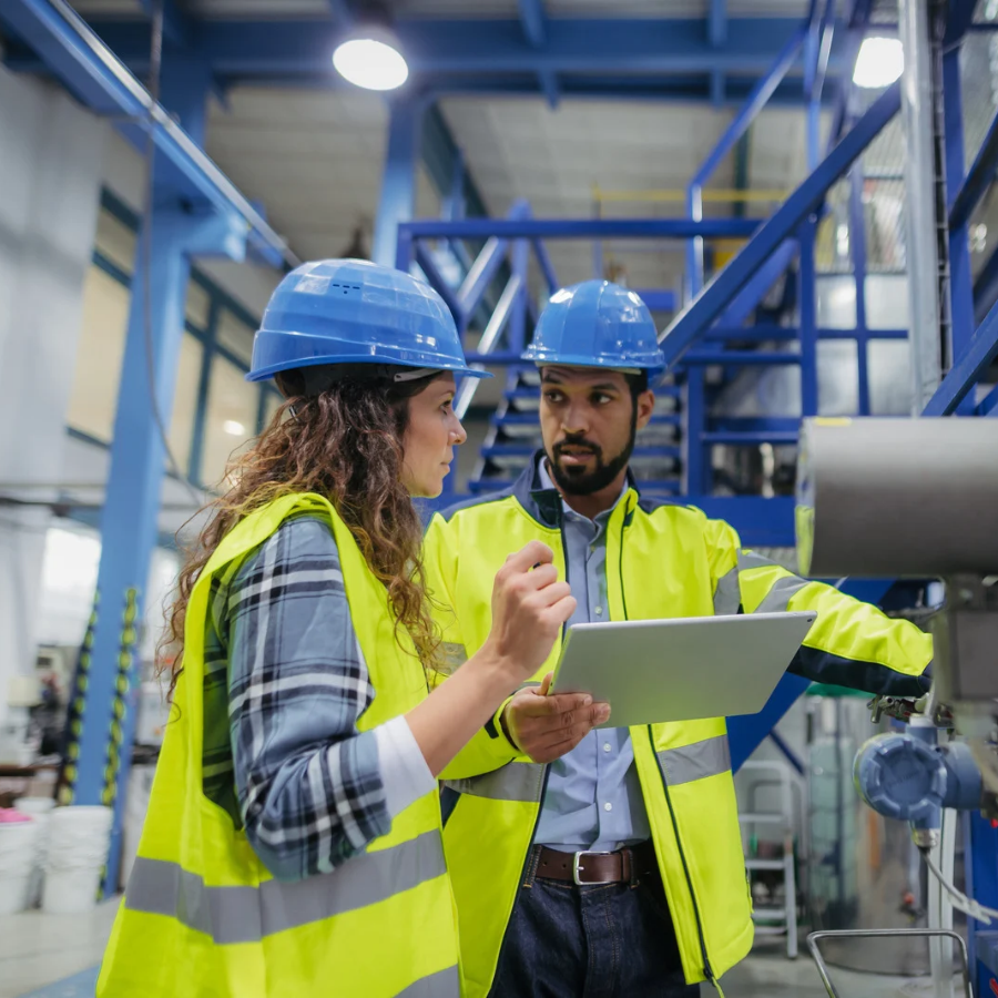 Two operations professionals inspecting a machine