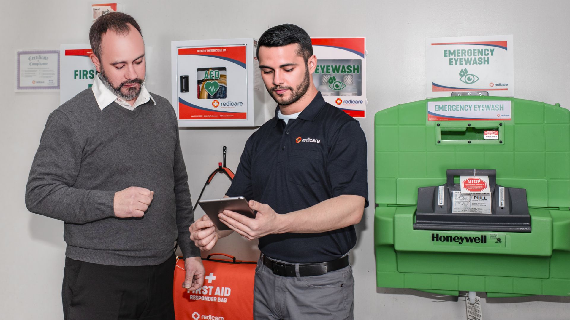 A Redicare representative going over service records with a client