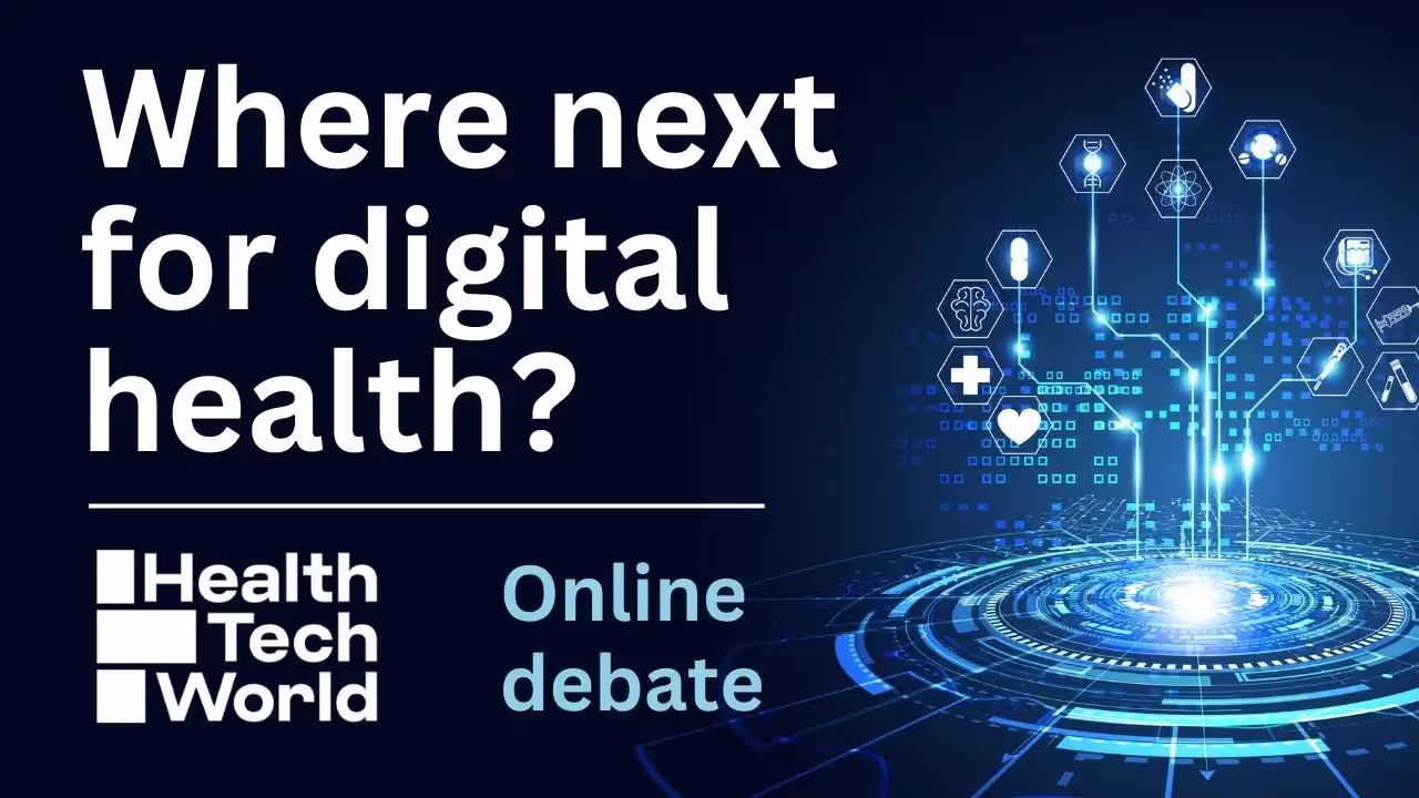 Digital health online debate announcement with glowing tech interface and medical icons.
