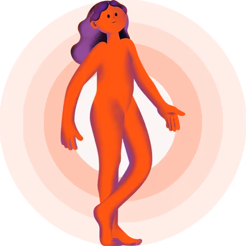 Illustration of a standing woman with purple hair and an orange body in front of a white circular background on an orange backdrop.