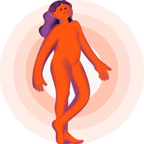Illustration of a stylized person with purple hair and orange skin standing against an orange background with a white oval shape behind them.