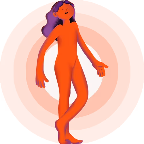 Illustration of a relaxed, nude figure with purple hair standing in front of a white circle on an orange background.