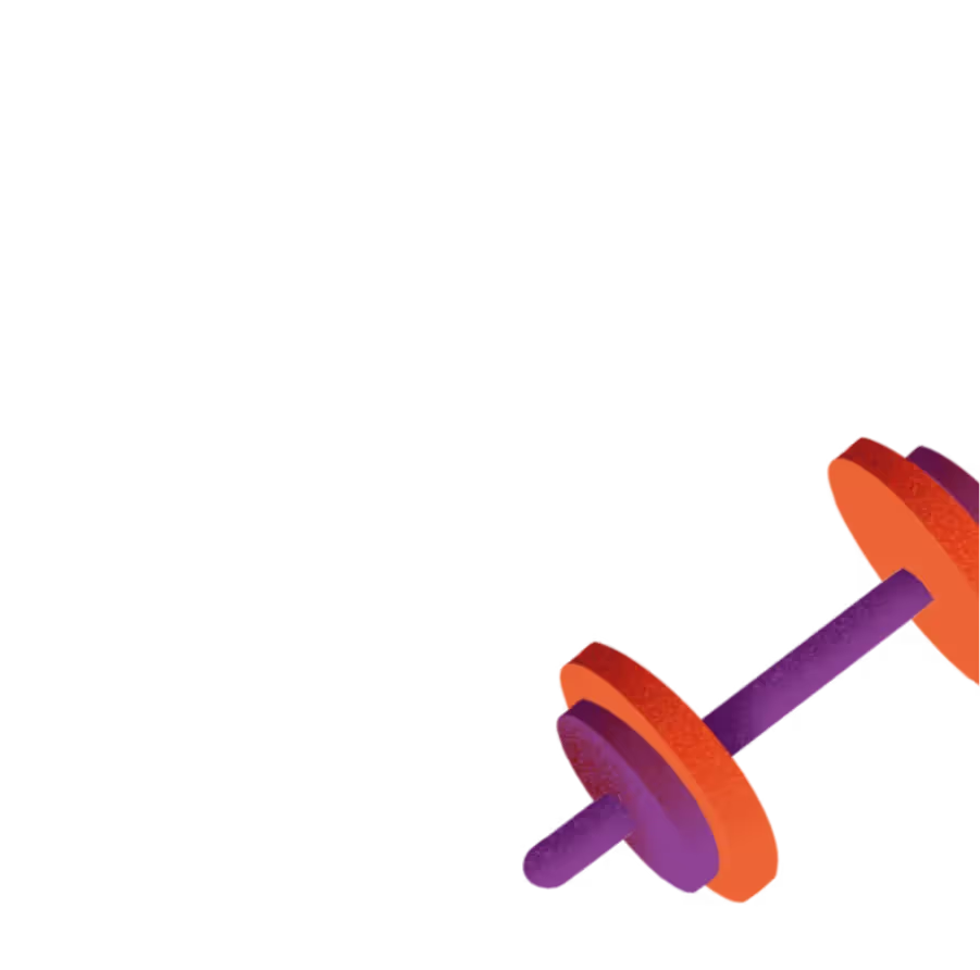 Illustration of a purple and orange dumbbell with two large and two small weight plates.