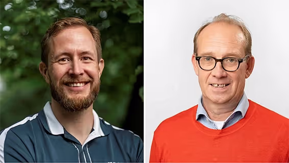 Portraits of two men side by side; the man on the left has a beard and wears a blue shirt, while the man on the right wears glasses and an orange sweater over a collared shirt.