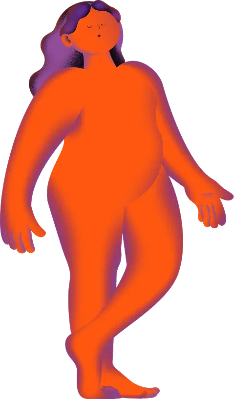 Illustration of a relaxed orange human figure with purple hair, standing with crossed legs and closed eyes.