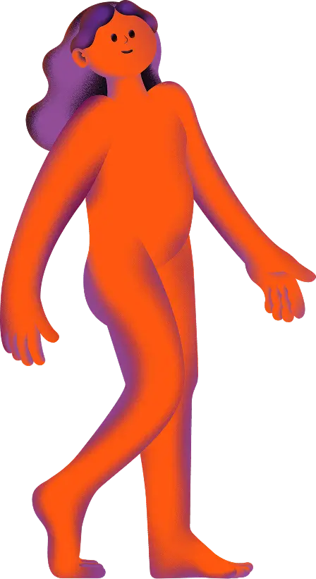 Illustration of an orange humanoid figure with purple hair walking barefoot.