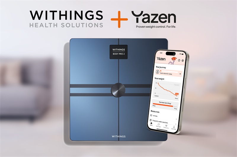 Withings Body Pro 2 smart scale next to a smartphone displaying the Yazen app showing weight loss progress and resources.