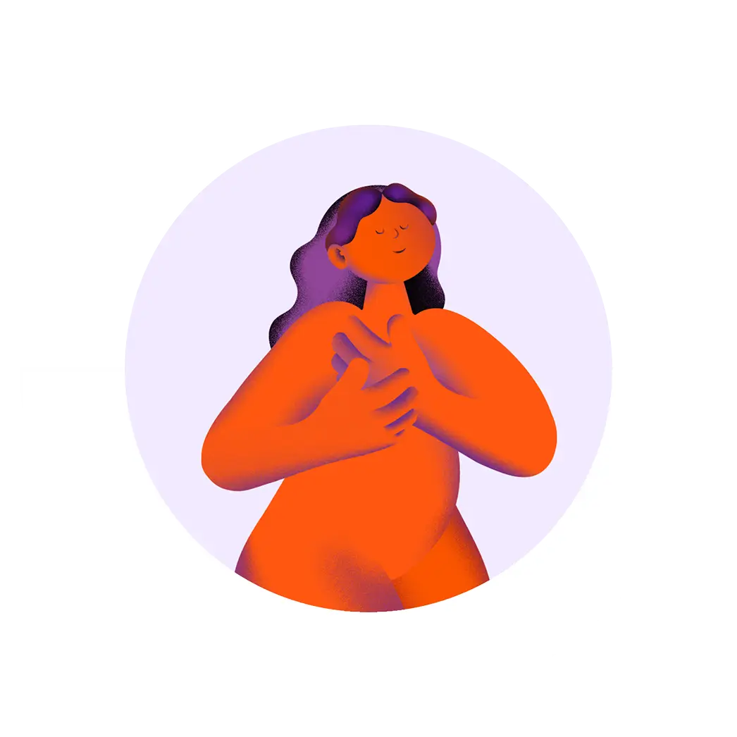 Illustration of a person with purple hair embracing themselves with closed eyes inside a light purple circular background.