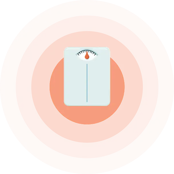Illustration of a white bathroom scale with the needle pointing to zero on an orange circular background.