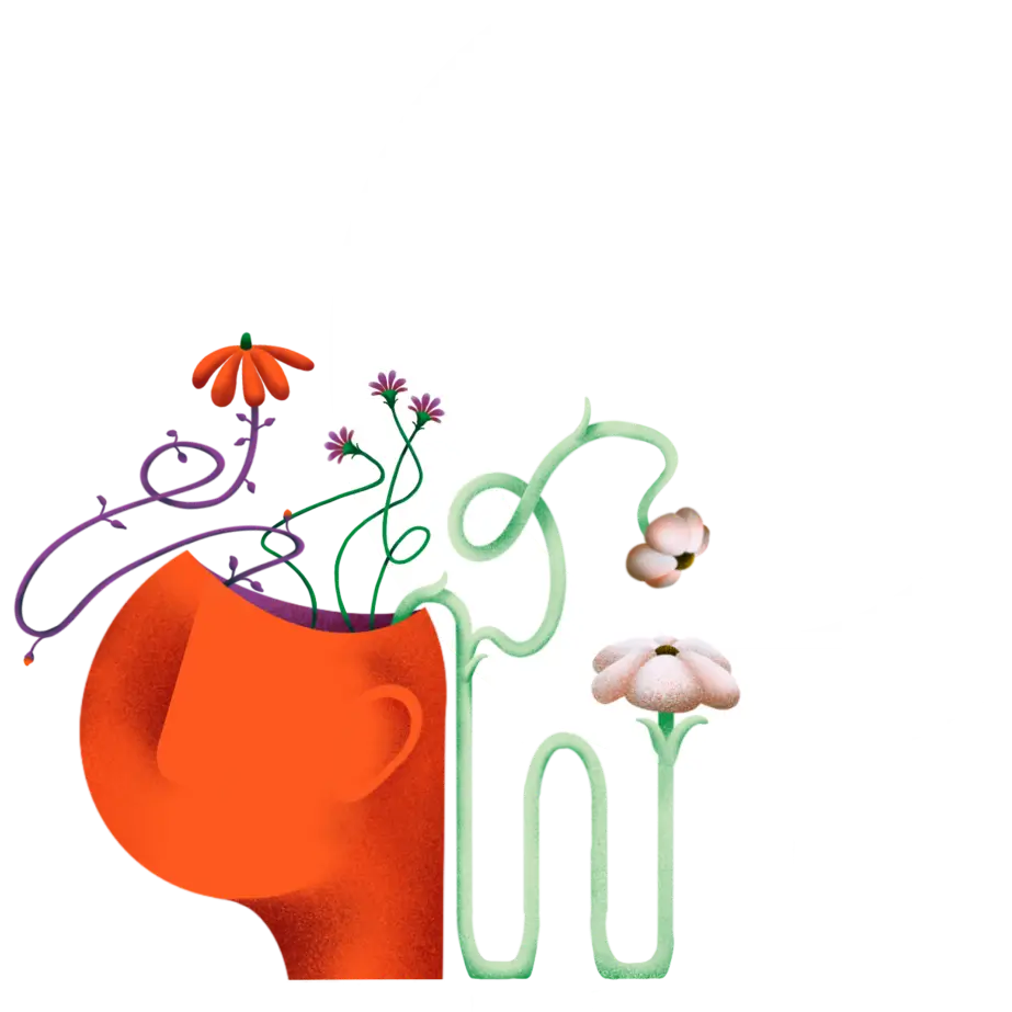 Abstract orange head with purple and green flowers sprouting from the top and side.