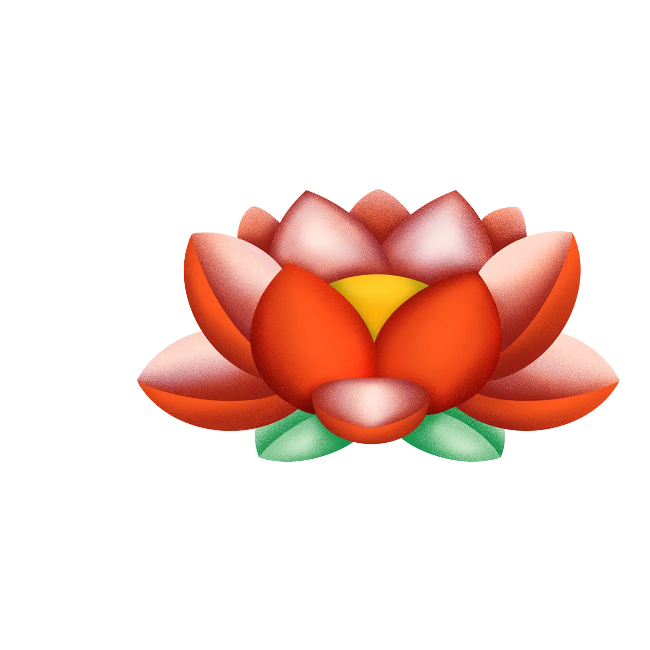 Stylized orange and pink lotus flower with green leaves and a yellow center.