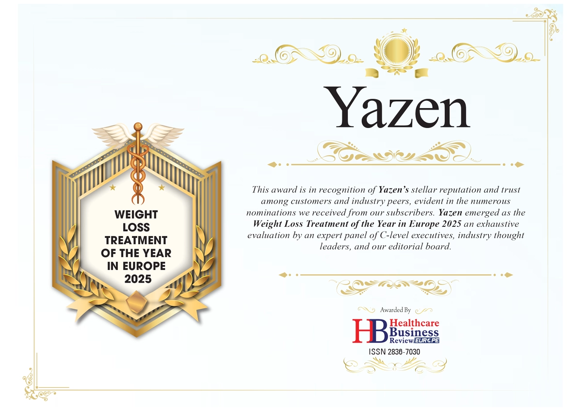 Award certificate titled 'Weight Loss Treatment of the Year in Europe 2025' presented to Yazen by Healthcare Business Review Europe.