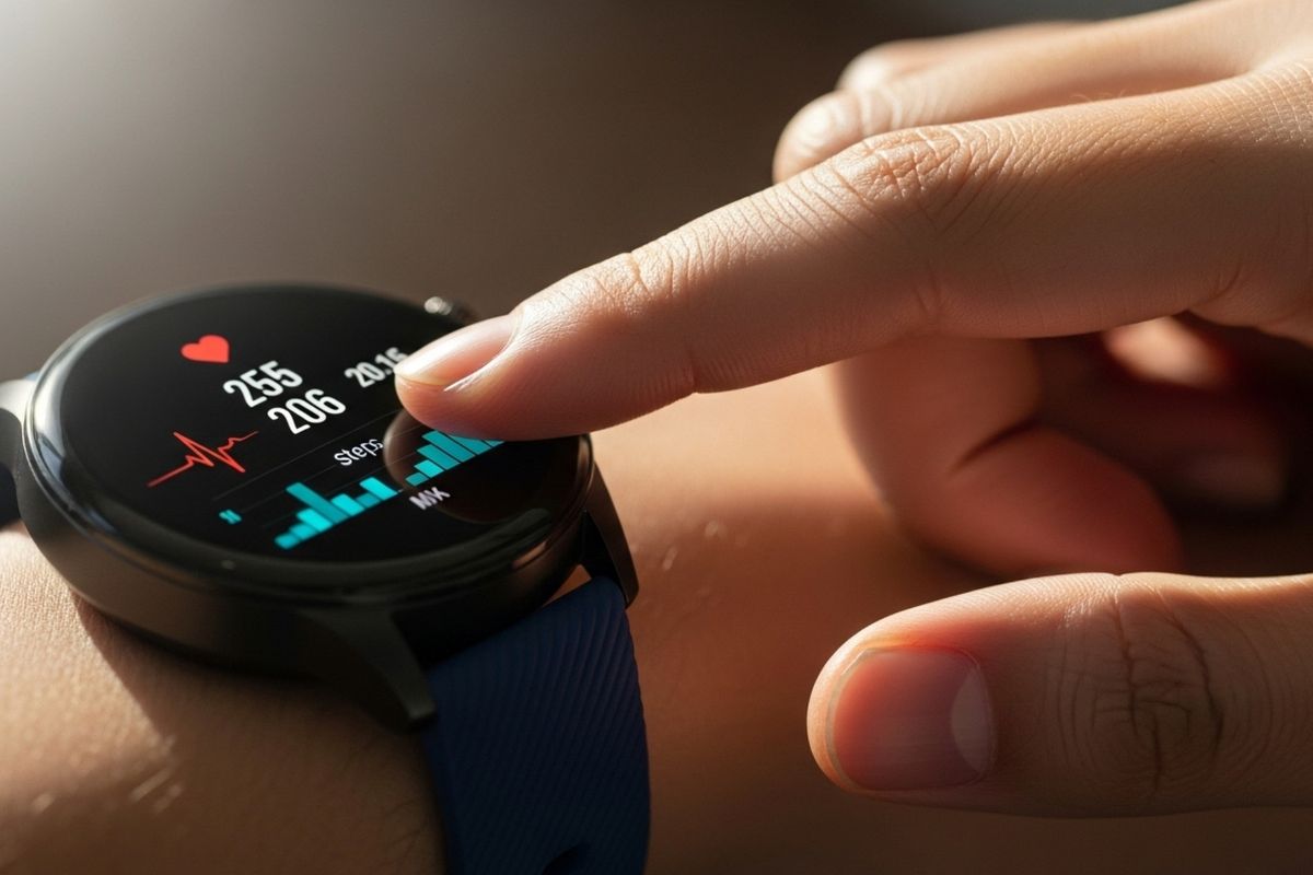 Person interacting with a smartwatch displaying heart rate, calorie count, and weekly step graph.