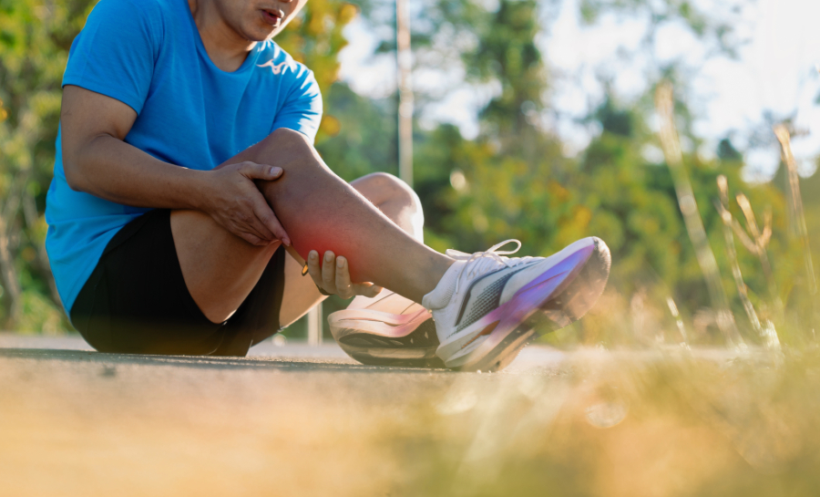A man sitting on the ground, holding his leg.