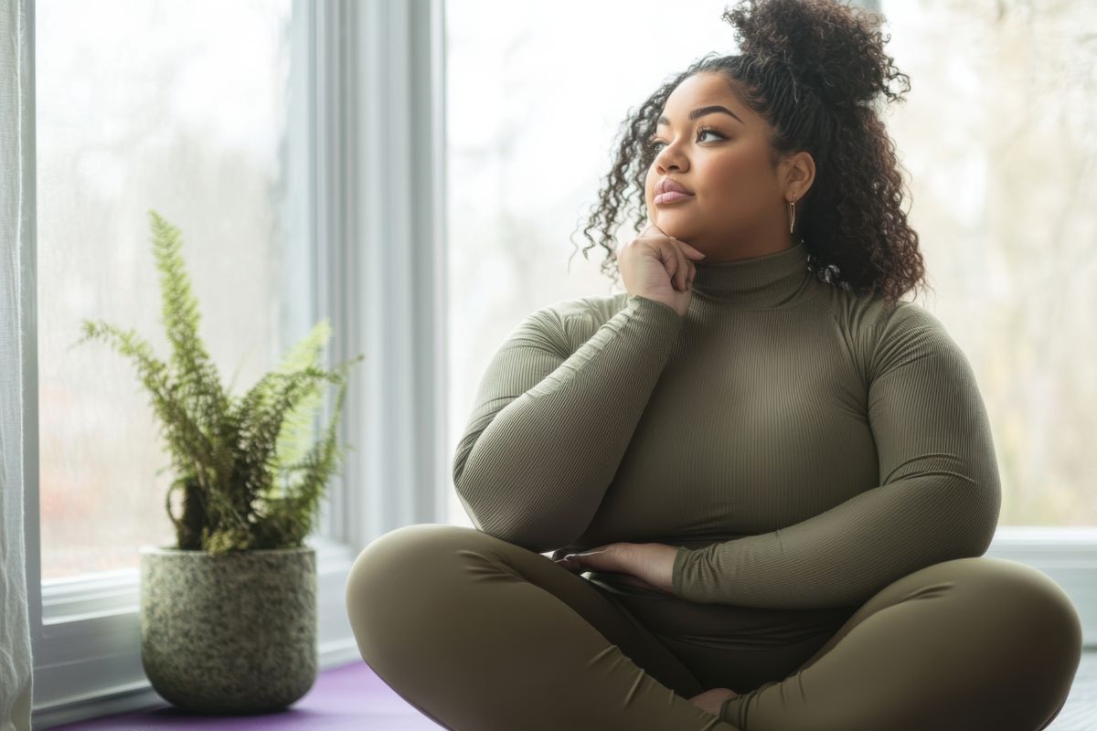 A woman sitting by a window, lost in thought