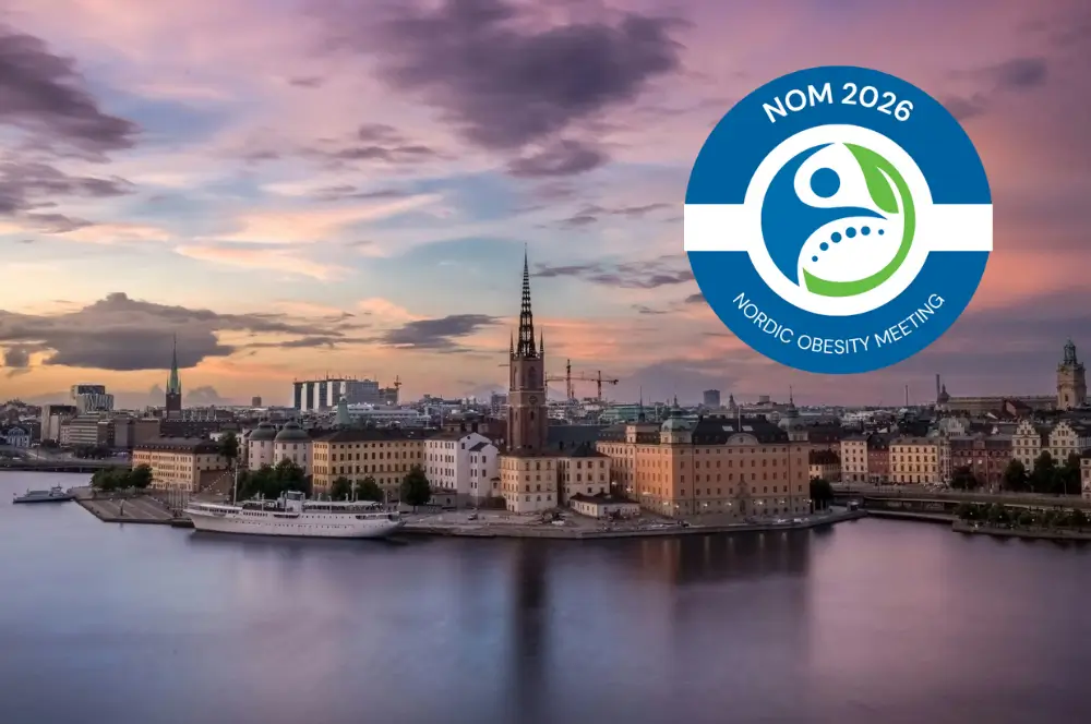 Cityscape of Stockholm at sunset with the spire of Riddarholmen Church and Nordic Obesity Meeting 2026 logo overlay.