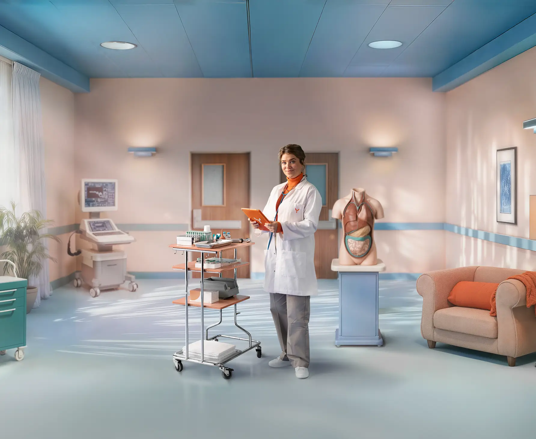 Female doctor standing in a medical office with an orange tablet, anatomical torso model, medical equipment cart, and comfortable armchair.
