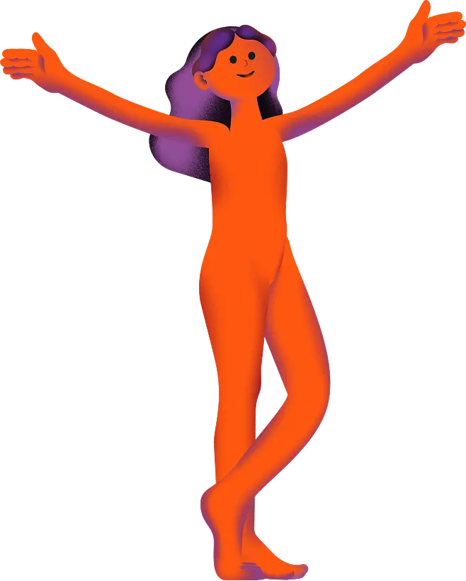 Illustration of an orange person with purple hair standing on one foot with arms open wide and smiling.