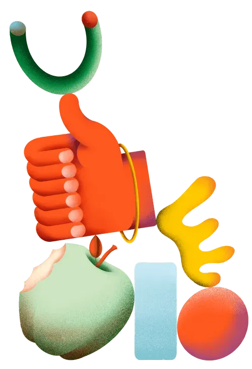 3D illustration of an orange thumbs-up hand holding a green stethoscope with a bitten green apple and abstract shapes nearby.