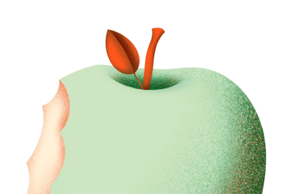 Illustration of an apple with a bite out of it.