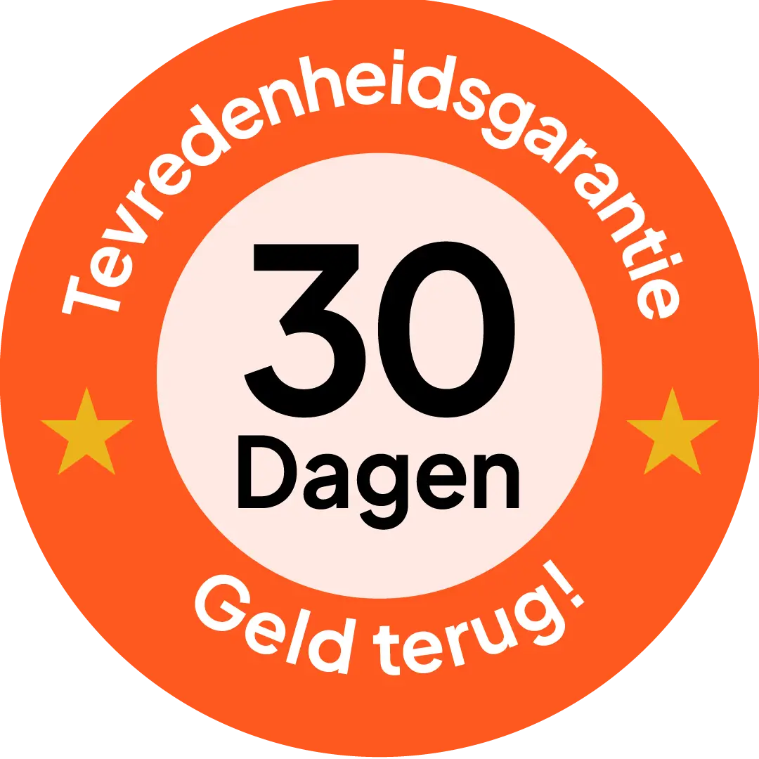 Orange circular badge stating 30-day satisfaction guarantee and money-back offer with two yellow stars.