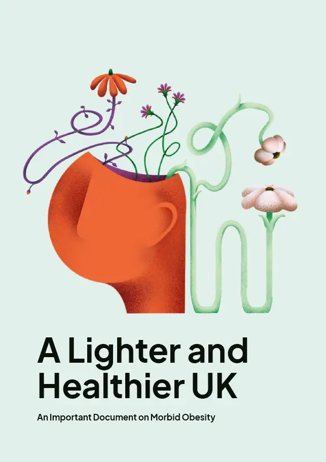 Illustration of a stylized human head with flowers and vines growing from the top, accompanied by the title 'A Lighter and Healthier UK' and the subtitle 'An Important Document on Morbid Obesity'.