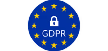 GDPR emblem with a padlock surrounded by twelve yellow stars on a blue circular background.