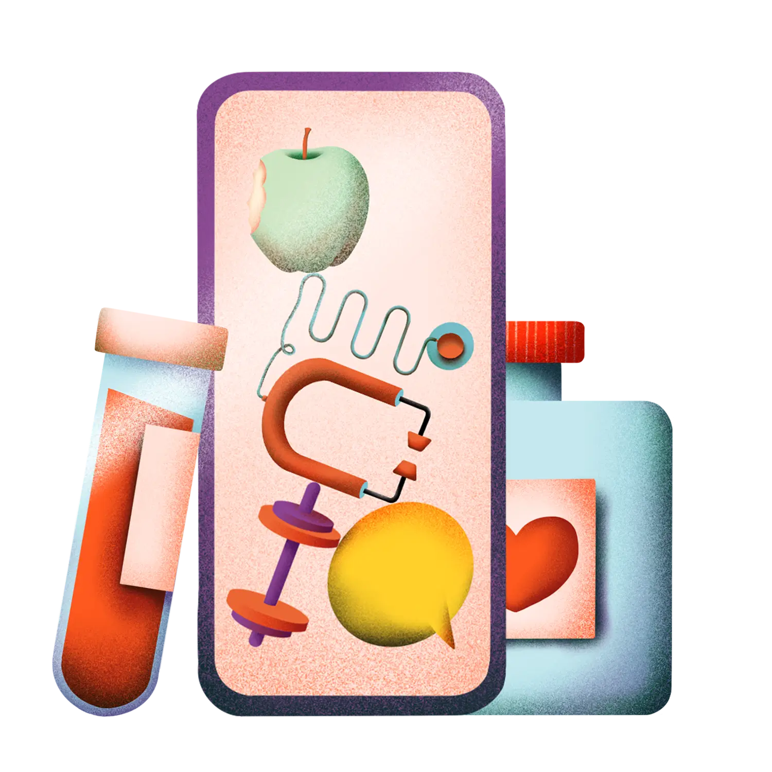 Digital illustration of a smartphone displaying various health-related icons including a bitten green apple, a stethoscope, a dumbbell, and a yellow speech bubble, alongside a test tube and a medicine bottle in the background.