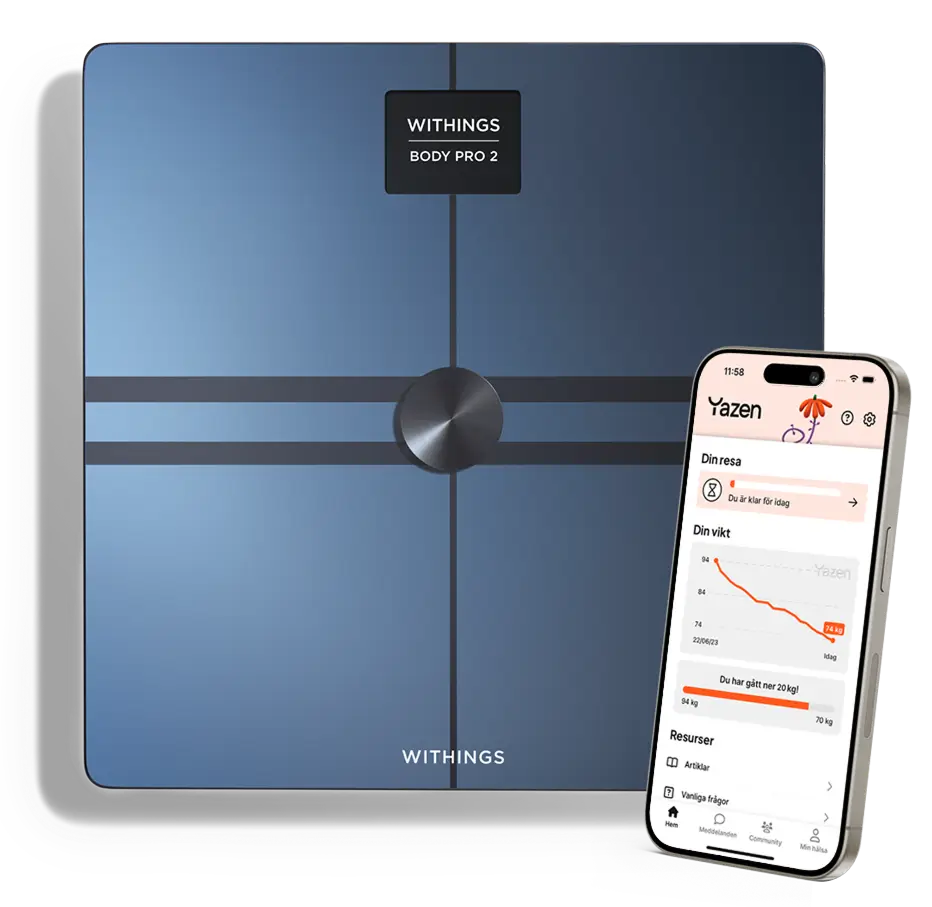 Withings Body Pro 2 smart scale with a smartphone displaying weight tracking app interface.