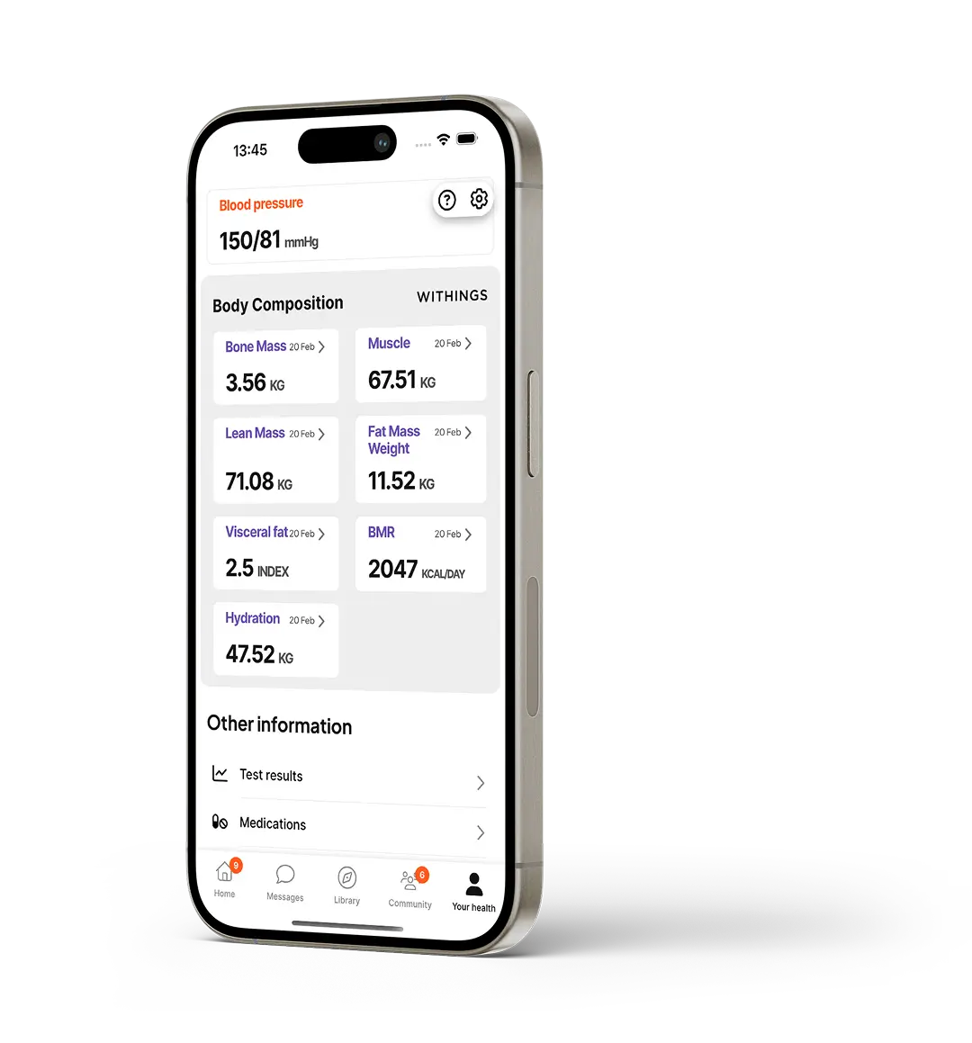 Smartphone screen showing a health app with blood pressure reading 150/81 mmHg and detailed body composition metrics including bone mass, muscle, lean mass, fat mass weight, visceral fat, BMR, and hydration.