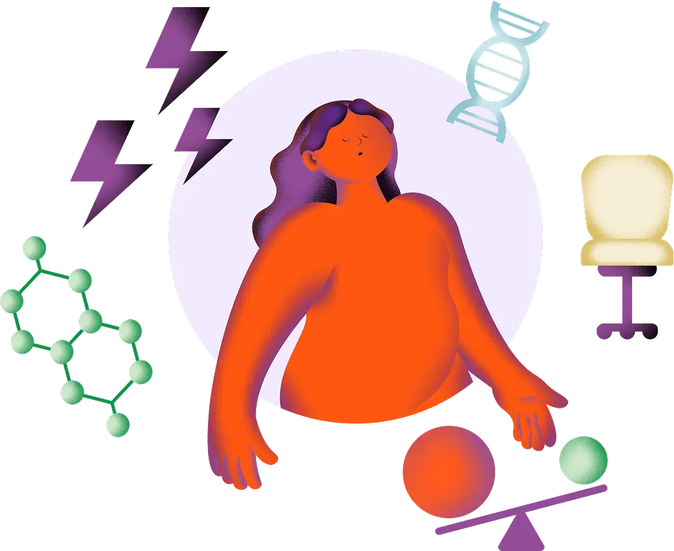 Illustration of a meditating person surrounded by scientific icons like DNA strand, molecular structure, lightning bolts, office chair, and a balance scale with spheres.