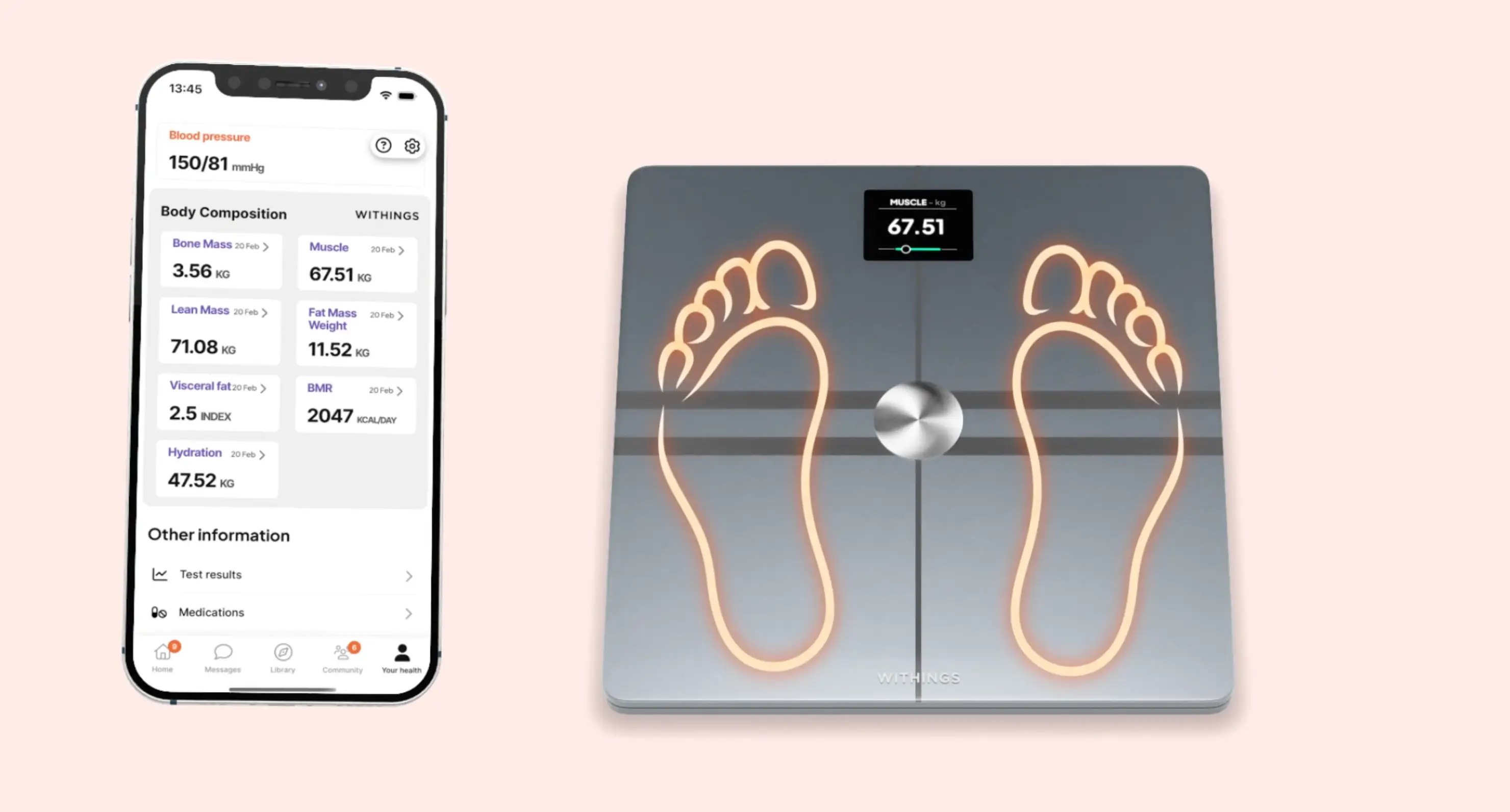 Smart scale showing muscle mass of 67.51 kg with a connected phone app displaying detailed body composition metrics.