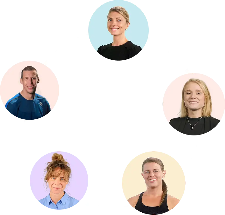 Collage of five smiling adults with colorful pastel backgrounds in circular frames, arranged in a pentagon shape.