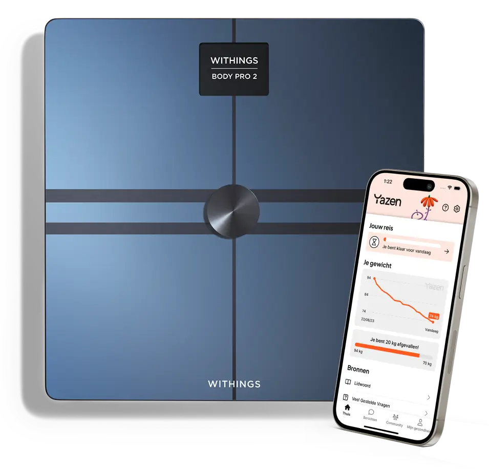 Withings Body Pro 2 smart scale with a smartphone displaying weight tracking app showing a 20 kg weight loss.