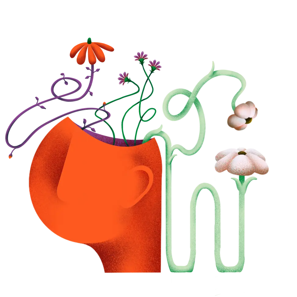 Orange stylized human head with colorful flowers and vines growing out from the top and back.
