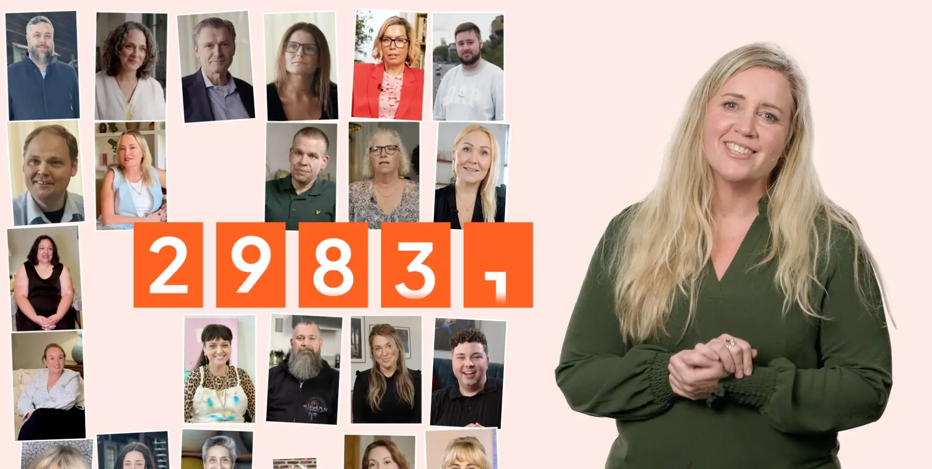 A smiling woman with long blonde hair and a green blouse stands on the right; on the left, photos of 21 diverse people surround large orange blocks displaying the number 29831.