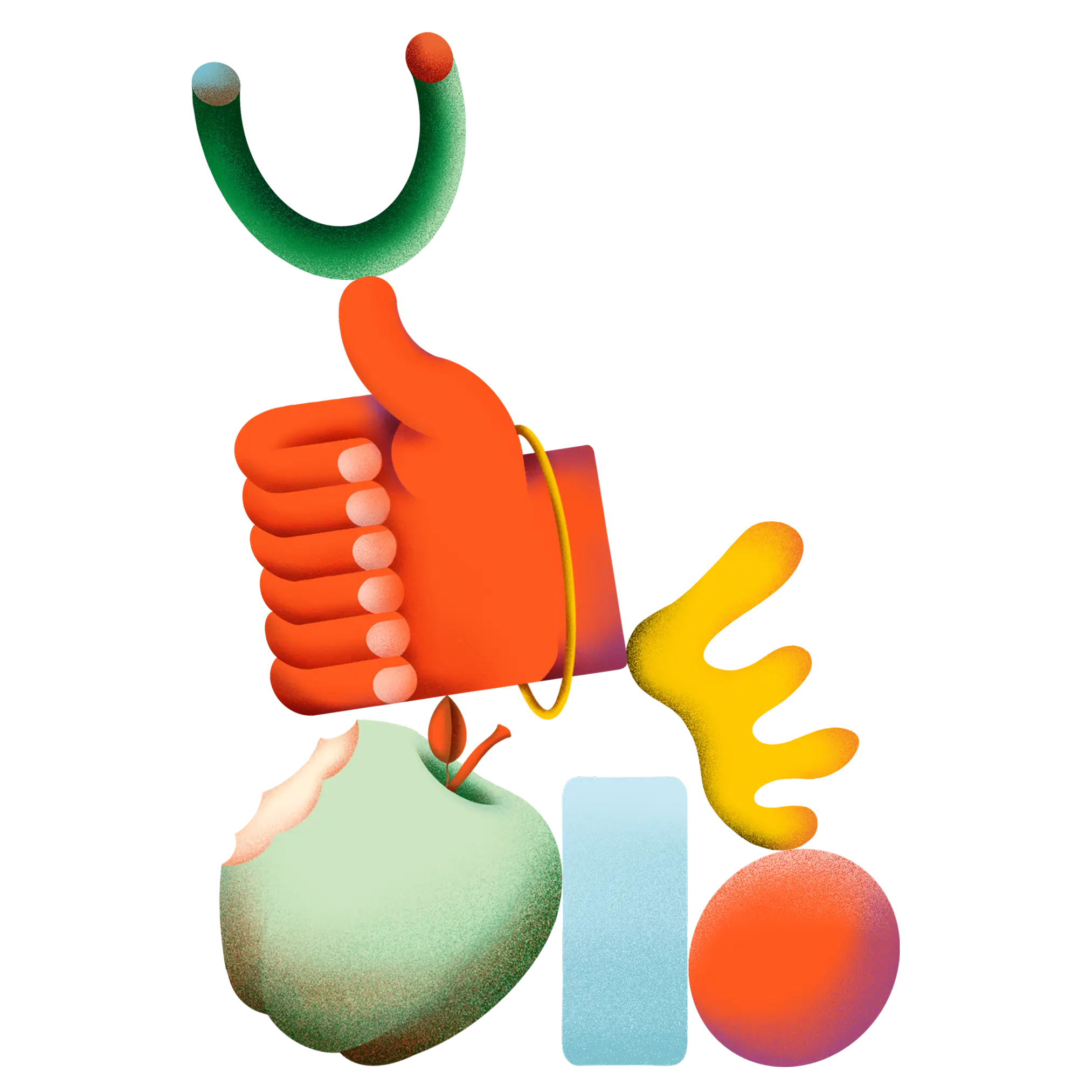 Abstract illustration featuring a red hand giving a thumbs up, green slingshot above, bitten green apple, blue rectangle, yellow squiggle, and red-orange circle on a black background.
