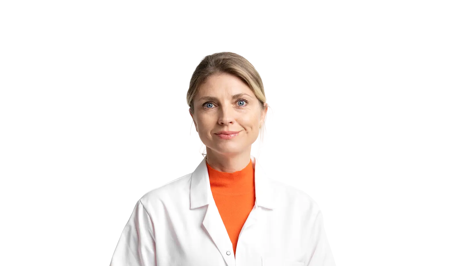 Smiling woman with blue eyes wearing a white lab coat and orange turtleneck.