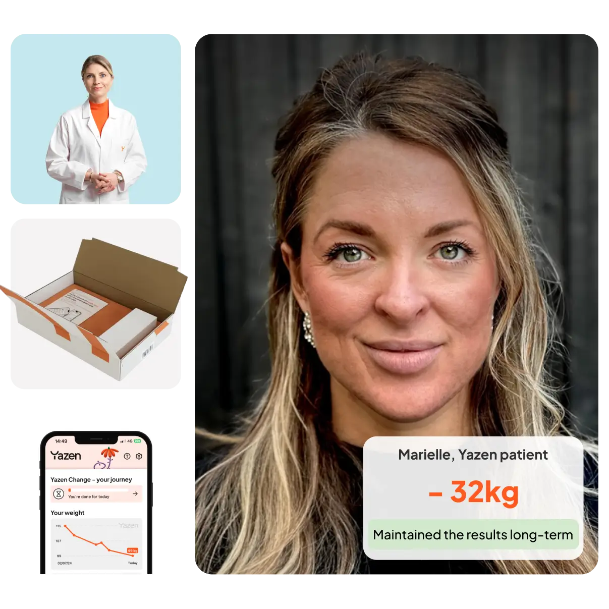 Portrait of a smiling woman with long hair, identified as Marielle, a Yazen patient who lost 32kg and maintained long-term results, alongside images of a female doctor, a delivery box, and a phone displaying a weight tracking app.