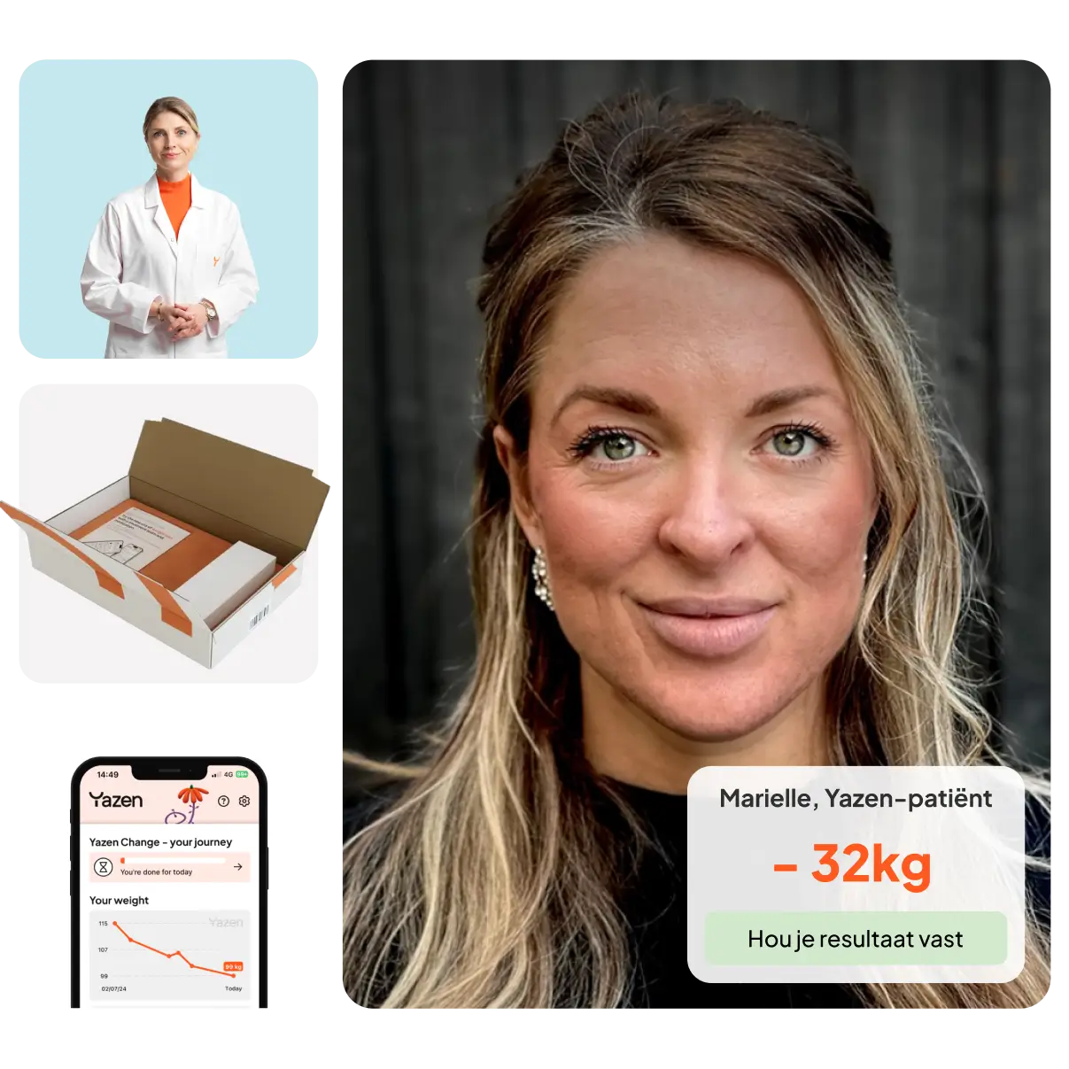 Smiling woman with blonde hair, a doctor in a white coat, a weight loss kit box, and a phone screen showing a weight loss graph.
