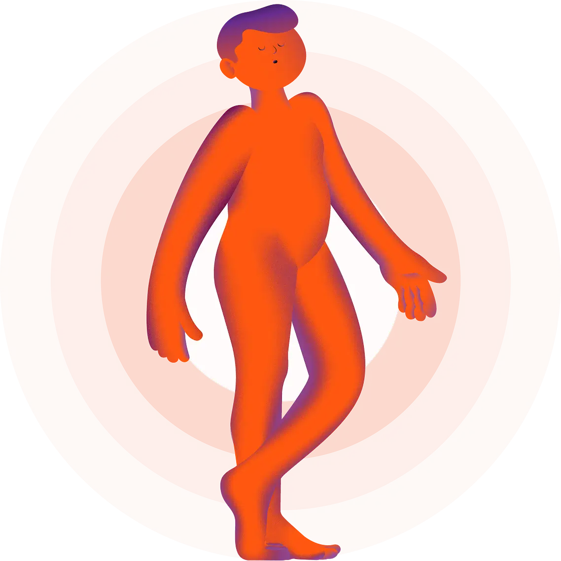 Illustration of an orange stylized human figure standing with crossed legs and eyes closed inside an orange circle with a white droplet shape in the background.