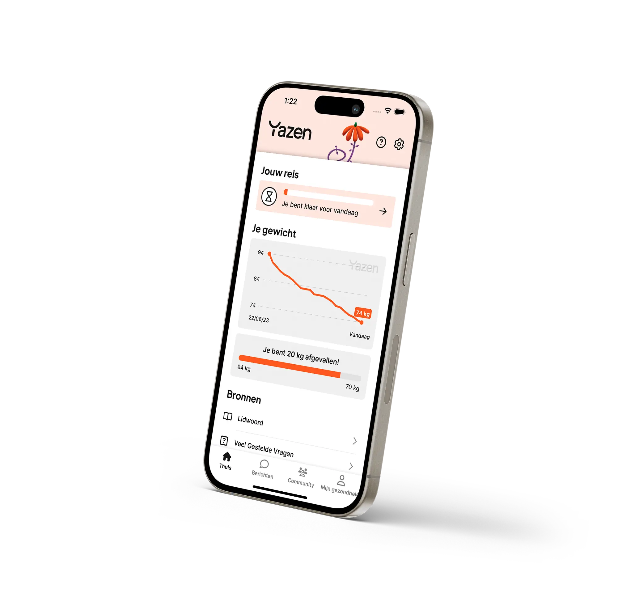 Smartphone displaying the Yazen app with a weight loss graph showing a drop from 94 kg to 74 kg and a message indicating 20 kg lost.
