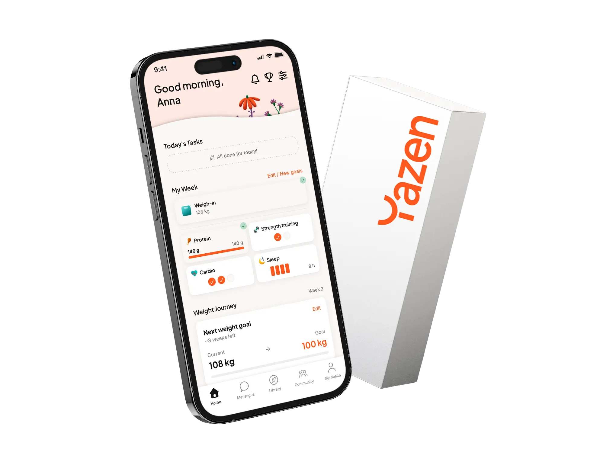 Smartphone displaying a health app dashboard with daily tasks, weekly goals, and weight journey, next to a white box with orange Yazen branding.