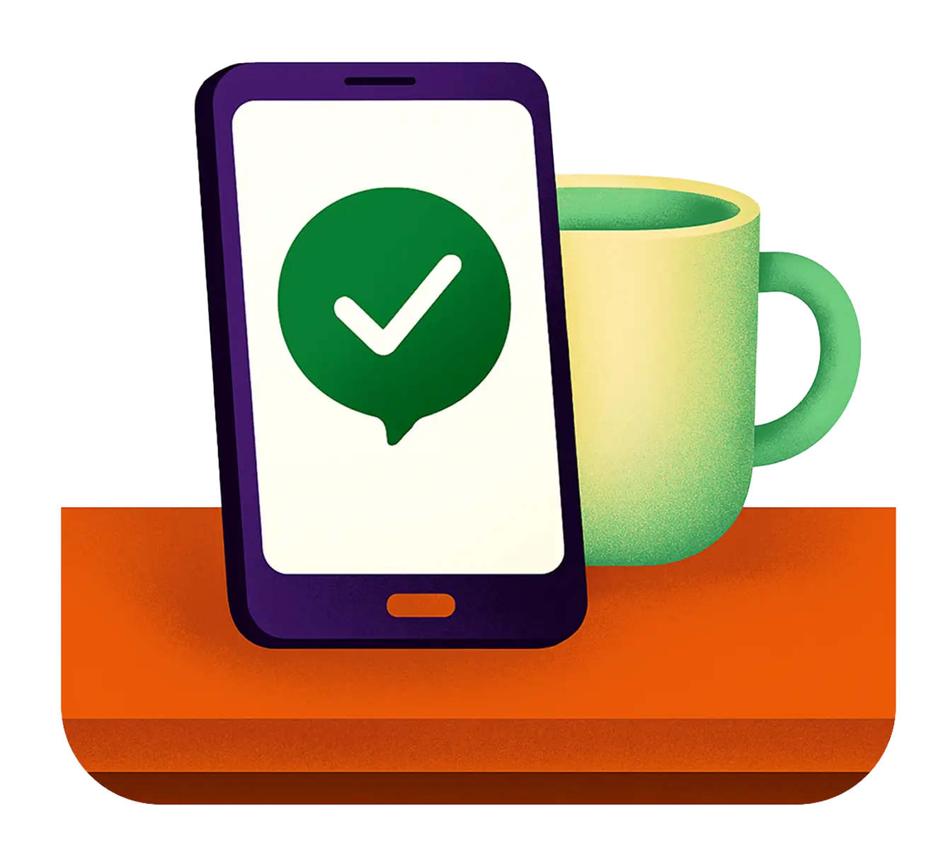 Smartphone with a green check mark on the screen next to a green coffee cup on an orange surface.