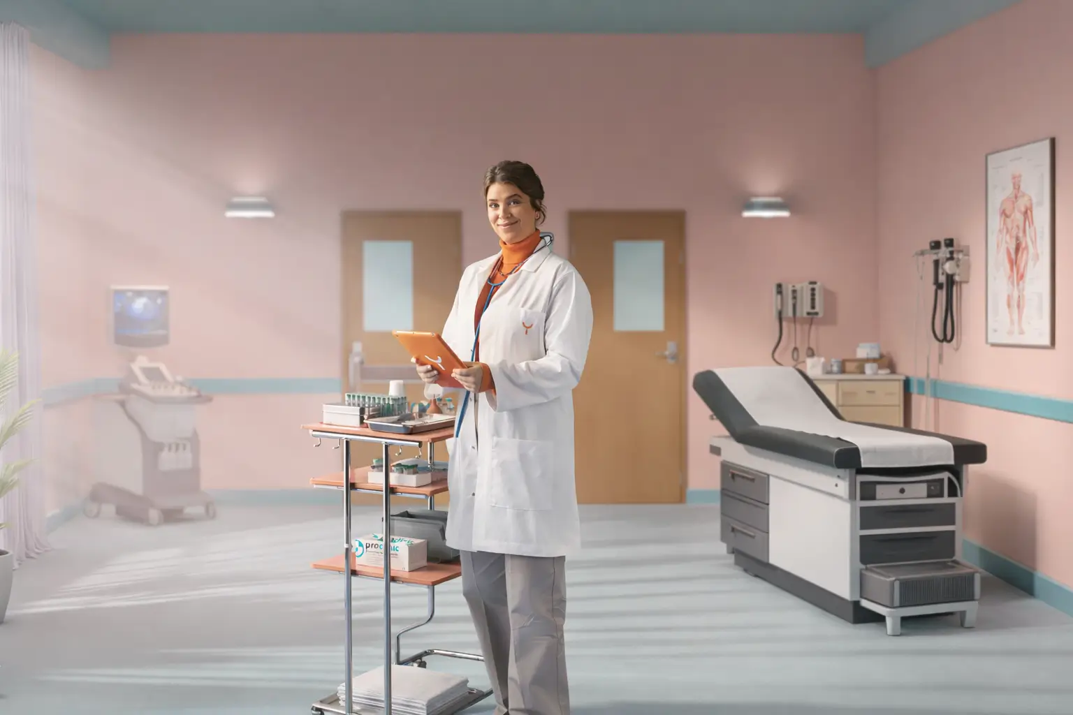 Smiling female doctor standing in a medical examination room holding an orange tablet.