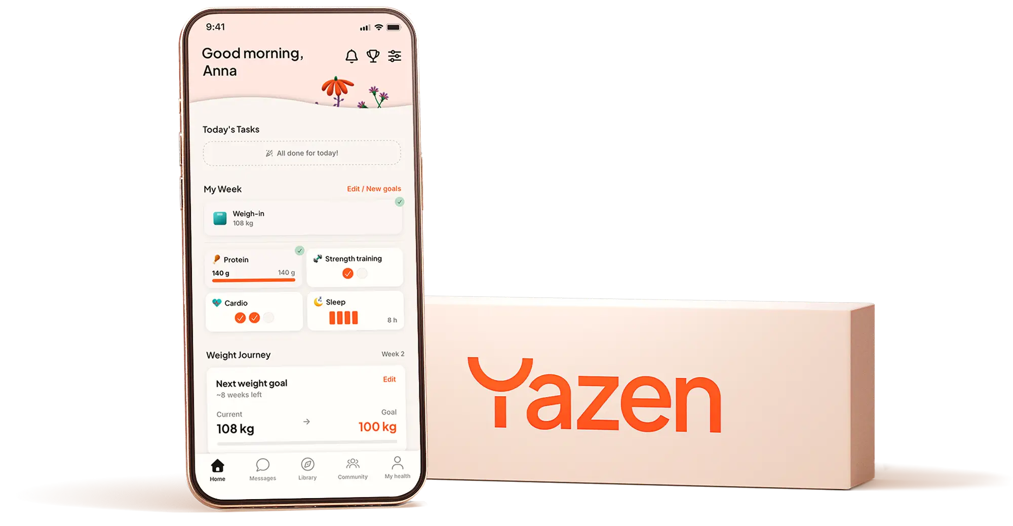 Smartphone displaying a health tracking app with weight, protein intake, strength training, cardio, sleep, and weight goal progress next to a box with Yazen branding.
