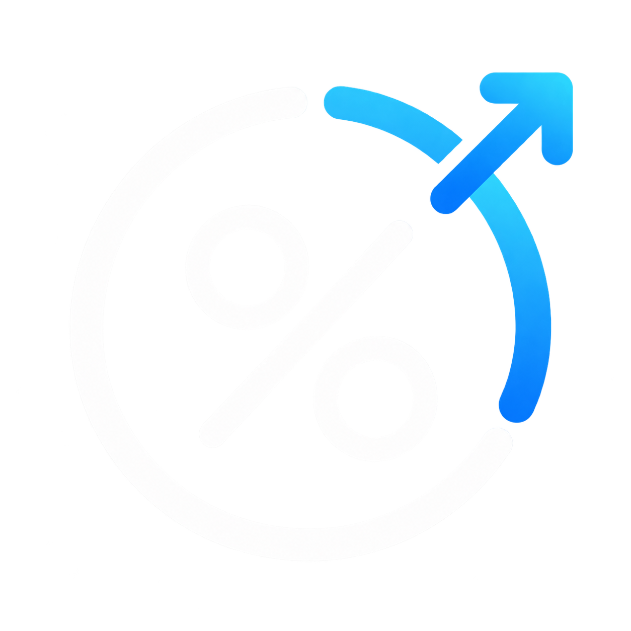 White percentage symbol inside a circle with a blue arrow pointing upward and to the right.